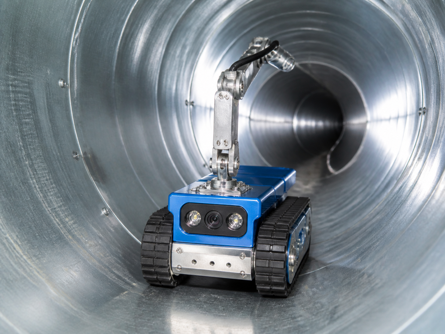 Robotic duct cleaning crawler inside a metal HVAC duct