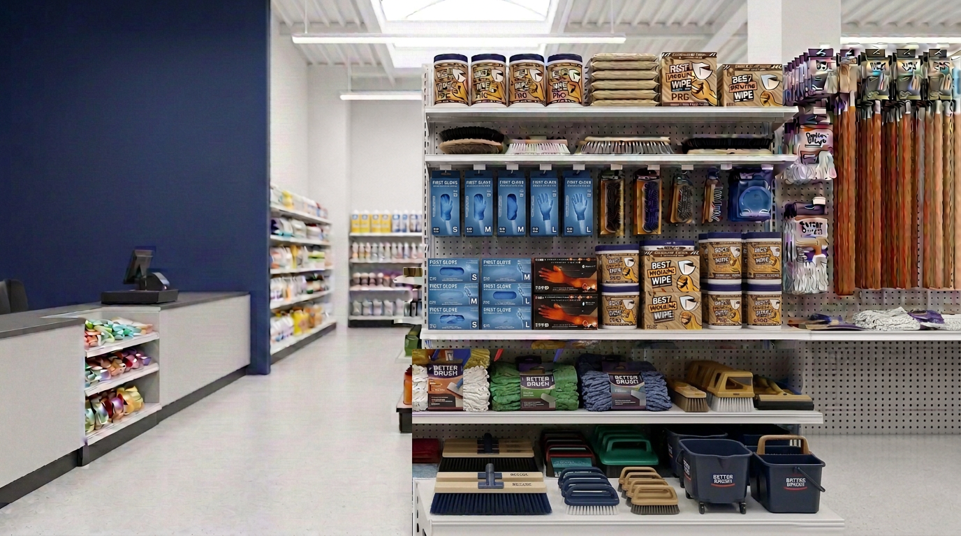 Professional shop supplies including nitrile gloves, wipes, and cleaning products on warehouse shelving