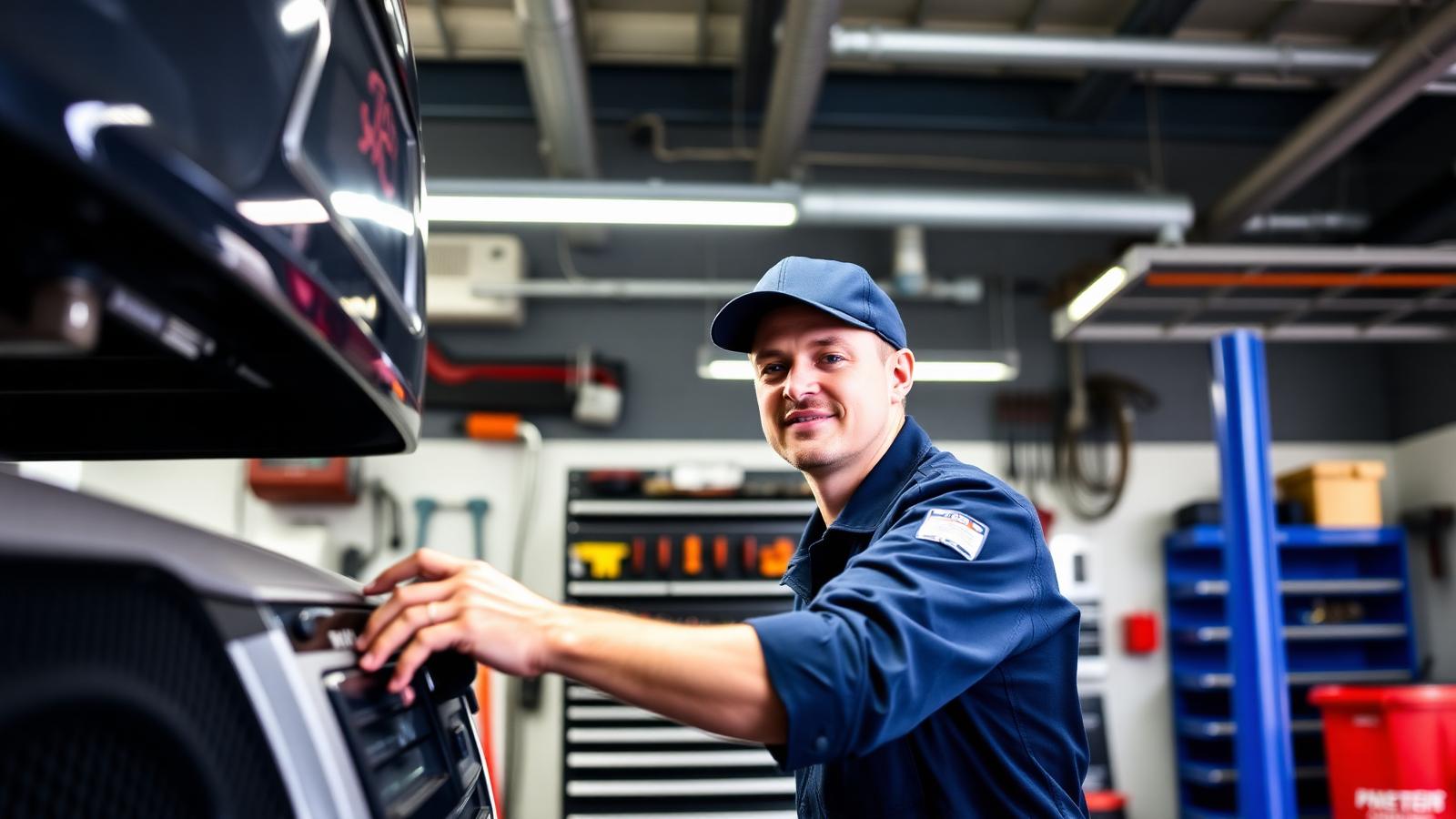 Technician servicing a vehicle in a professional shop